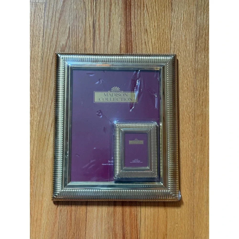 Madison Collection Solid Brass Ribbed Picture Frame Set 8x10 and 2x3 Gold Tone